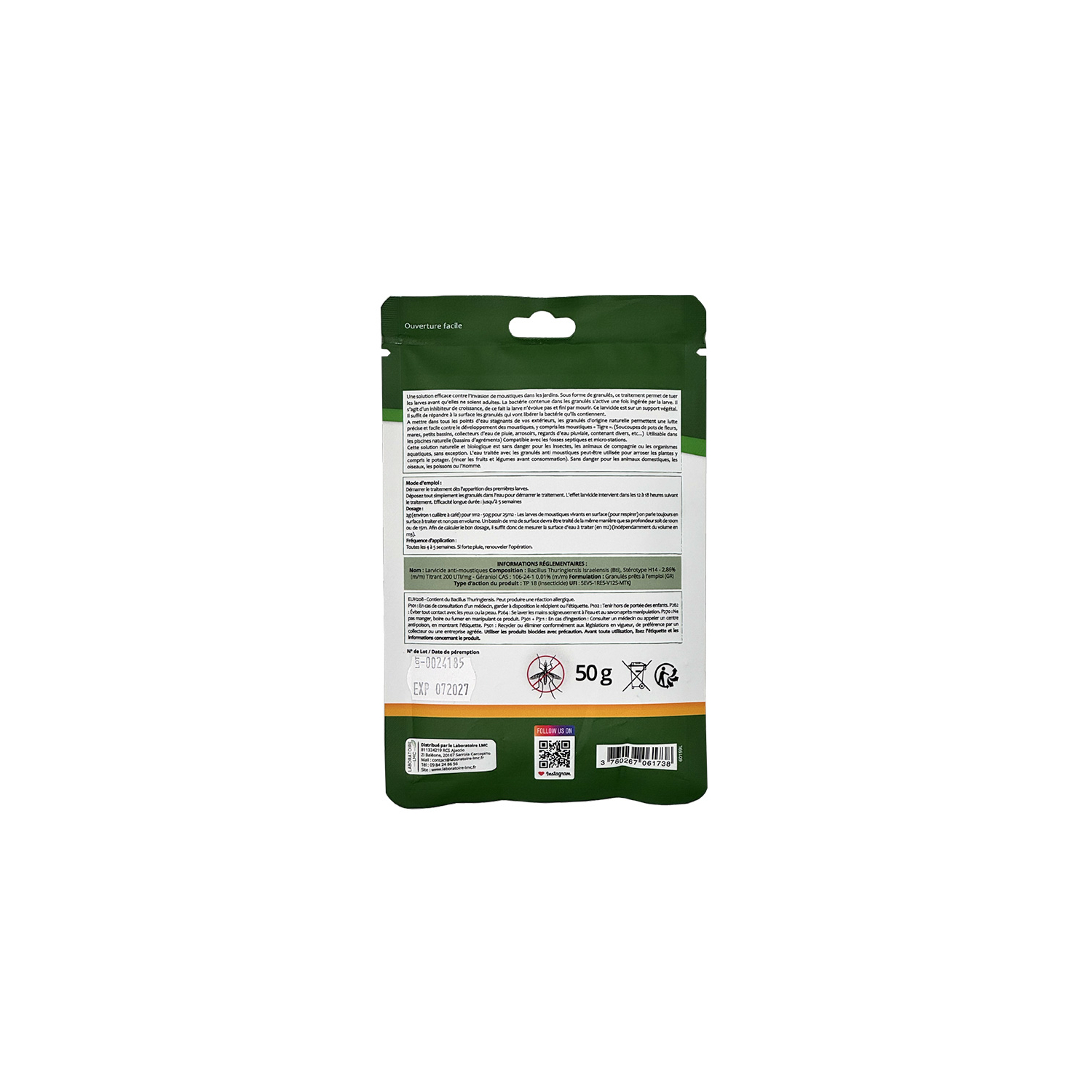 Larvicida para mosquitos Bacillus thuringiensis israelensis (Bti) - 50 g