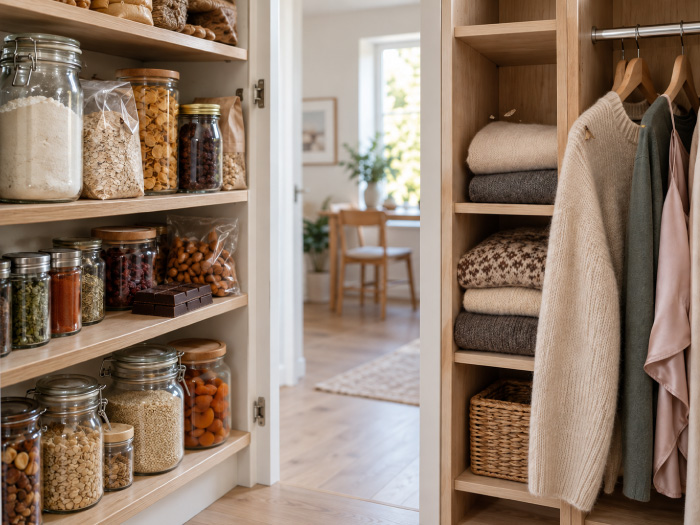 Placard de cuisine avec paquet de farine infesté par des mites