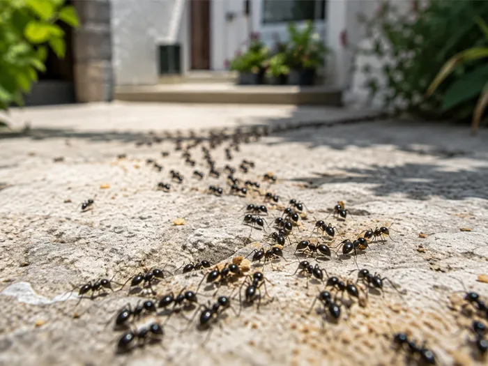 Fourmis noires en colonne sur une surface