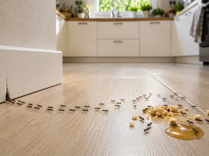 Fourmis attirées par de la nourriture dans une cuisine